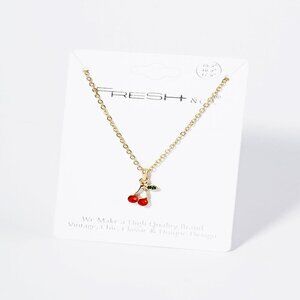 Chain Link Necklace Featuring Rhinestone Cherries Pendant (Gold Chain)